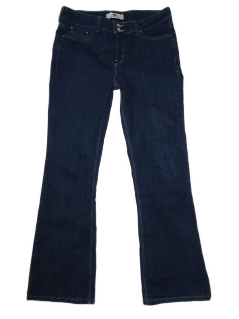 Dark blue Levi's 526 slender button flap pockets boot cut mid-rise jeans Sz 10.